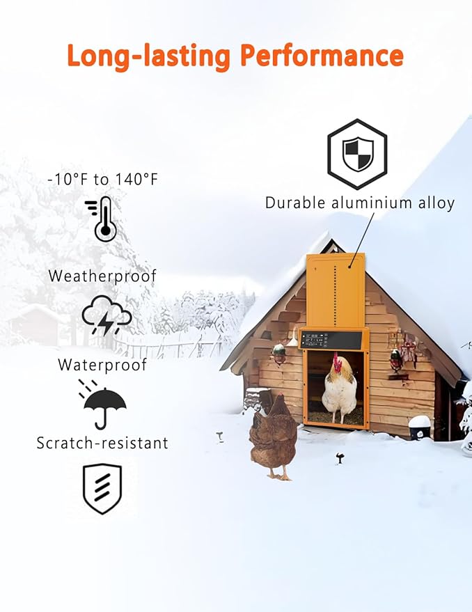 Automatic Chicken Coop Door Solar Powered, LCD Display, Durable Aluminum Alloy Chicken Door with Timer & Light Sensor Setting, Remote Control, Weatherproof, Energy-Saving, Solar Panel or USB Charging