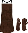 eletecpro Heavy Duty Leather Welding Apron Genuine Cowhide Flame & Heat Resistant Adjustable 42Lx24W with 6 Tool Pockets and Gloves for BBQ, Woodworking, Gardening, Men & Women Gift, Dark Brown