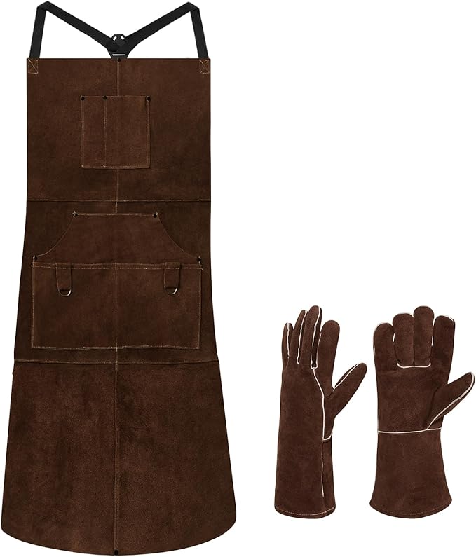 eletecpro Heavy Duty Leather Welding Apron Genuine Cowhide Flame & Heat Resistant Adjustable 42Lx24W with 6 Tool Pockets and Gloves for BBQ, Woodworking, Gardening, Men & Women Gift, Dark Brown