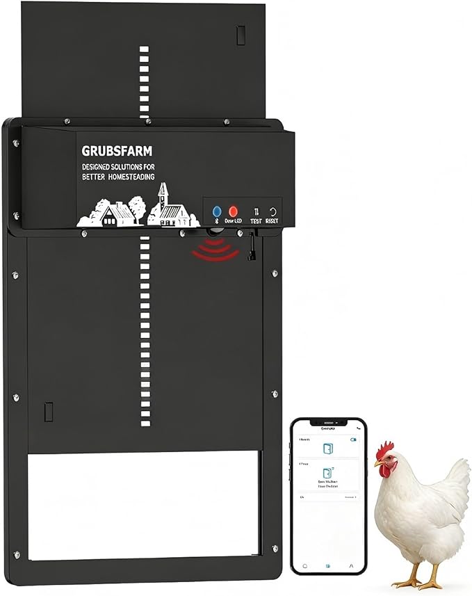 Automatic Chicken Coop Door with App Programmable, Solar/Battery/Grid Multi-Power Supply, Motion Sensor Anti-Pinch Safety System, Durable Weatherproof Aluminum Auto Door for Poultry - GRUBSFARM
