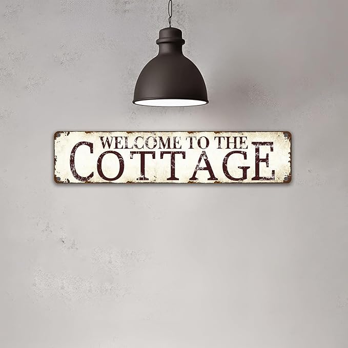 Rustic Metal Sign Welcome to The Cottage - 16"x4" Farmhouse Kitchen Decor - Country Cottage Wall Art for Cabin, Porch, Garden - Vintage Style Housewarming Gift