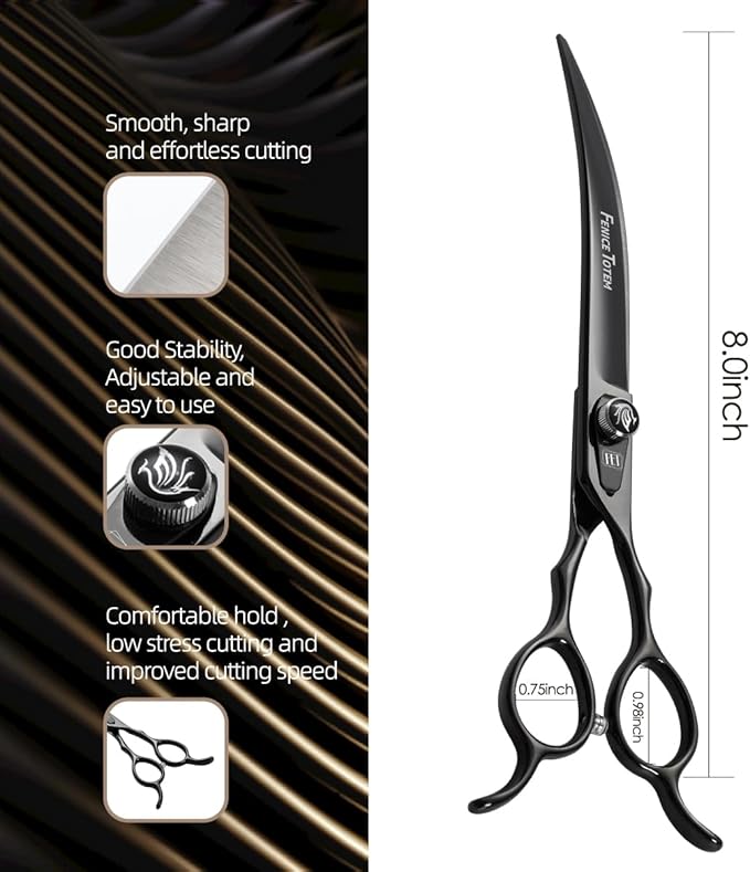 Dog Grooming Scissors: 8 inch Bright Black Pet Curved Shears Made Of Japanese 440C Advanced Stainless Steel Professional Grooming Scissors for Dogs Cats and Other Pets