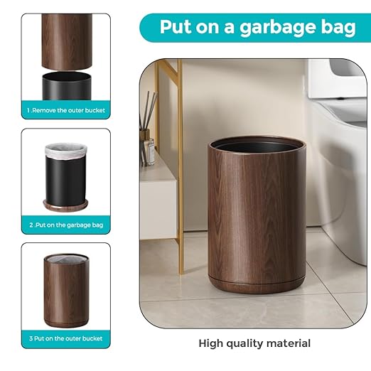 2.1 Gallon Metal Imitation Wood Grain Bathroom Trash Can, Modern, Open Top Wastebasket, Small Garbage Can for Under Desk Kitchen Home Office Bedroom (Round)