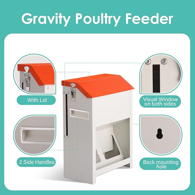 Chicken Feeders No Waste 20lbs Large Automatic Poultry Feeder with Lid Auto Feeding Though Dispenser for Duck Turkey Pheasant Chicken Coop Feeder System