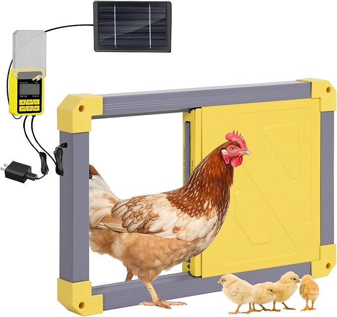 Automatic Chicken Coop Door Powered with Heating, Anti-Pinch Design Solar Chicken Door Opener, Auto Chicken House Run Door with Three Power Supply Modes for Chickens and Ducks (Grey)