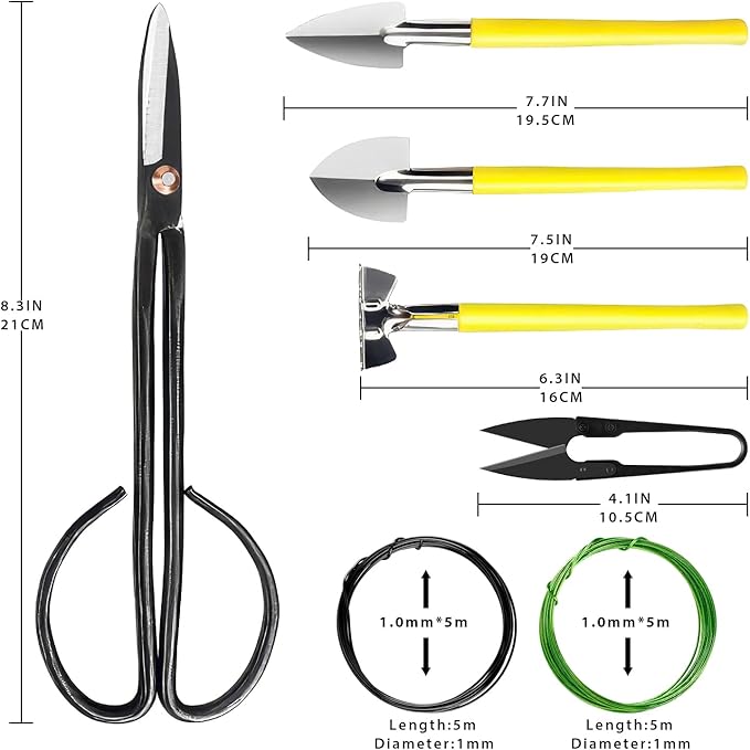 Bonsai Tools Set 7Pcs, MOSFiATA Bonsai Tree Tools Kit Succulent Trimming Tools Include Scissors, Cutters, Rake, Round and Pointed Shovel &Training Wire for Bonsai Beginner Gardening Gifts