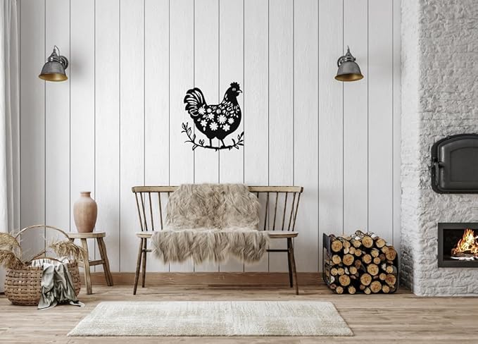 SHIMANY Black Metal Wall Art - Chicken Hanging Wall Sculpture for Kitchen, Farmhouse, Entryway, or Bathroom - Rustic Folk Cutout