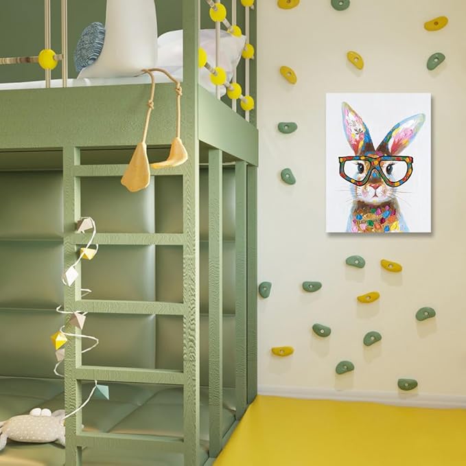 Yidepot Whimsical Colorful Rabbit Canvas Poster - Bunny Bedroom Wall Decor with Cute Glasses Pictures for Living Room 12"x16"