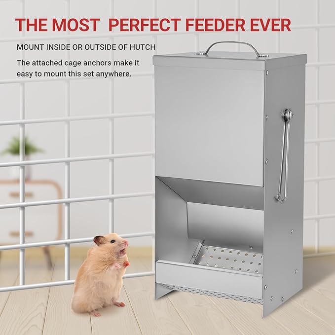Rabbit Feeders Automatic for Cages,5 Pound Large Metal Trough Feeder with Lid Galvanized Steel Outdoor Bunny Food Dispenser for Rabbits Chicken Guinea Pig Pet and Other Small Animals