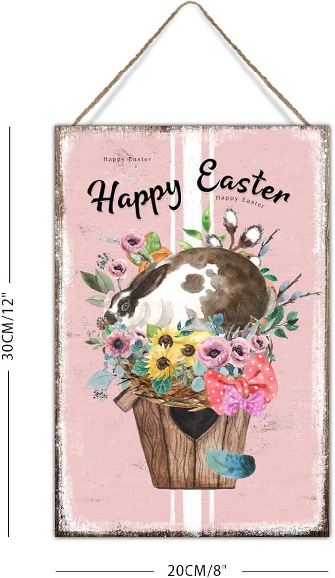 Happy Easter Flower Basket Bunny Wooden Sign Plaque French Style Floral Pink Stripes Hanging Sign Spring Easter Greetings Wood Art Plaques for Living Room Bathroom 8x12in