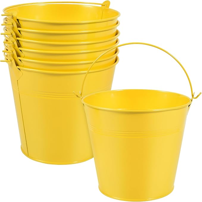 OBTANIM 7 Pack Yellow Metal Buckets with Handle Galvanized Ice Pails for Plants, Succulents, Party Favors Organizing, Rustic Home Decor or Classrooms Pencil Storage (6 x 4.4 inch)