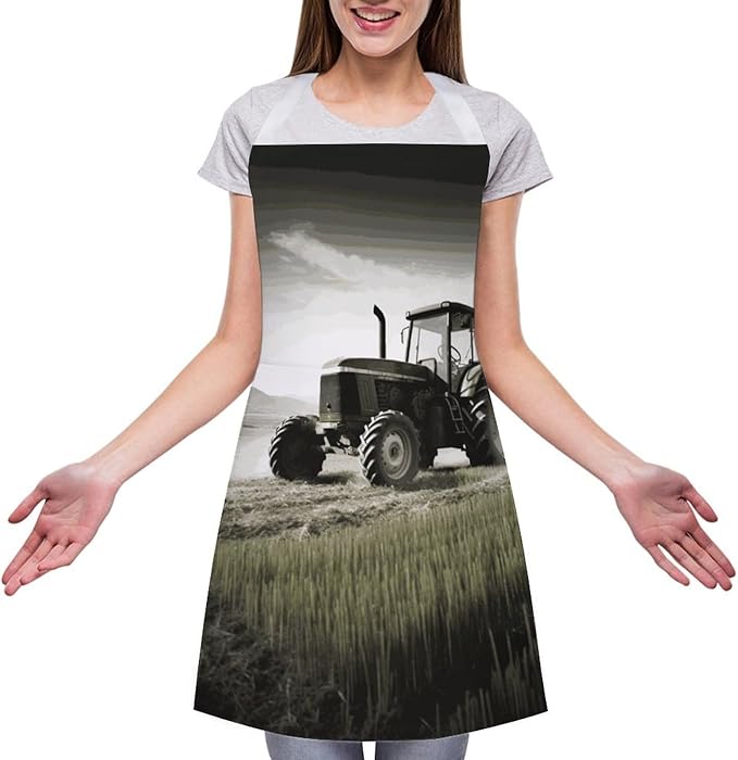 Tractor Agriculture Tranquil Apron Waterproof Oil-proof Large Pocket Apron Adjustable Neck Strap Unisex Kitchen Aprons For Chef Cooking Baking Gardening BBQ