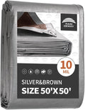 RAINDEWAY Tarps Heavy Duty Waterproof 50x50 Feet,10Mil Thick Multipurpose Large Tarp Cover with Metal Grommets and Reinforced Edges,Silver/Brown Tarp