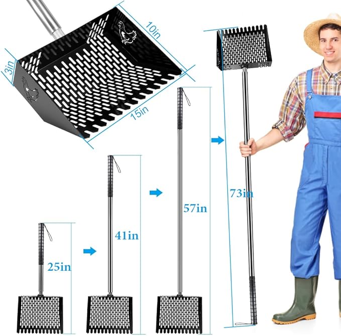 Heavy Duty Chicken Coop Rake and Scoop, 15 Inch Extra Large Chicken Coop Rake with Adjustable Stainless Steel Handle (25 to 73 Inch)，Metal Multi-Use Cleaning Shovel for Coops, Beach（Black）