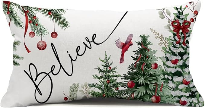 Christmas Pillow Cover 12X20 Inch Red Baubles Believe Christmas Tree Forest Bird Decoration Holiday Farmhouse Winter Pillow Case for Sofa Couch Decor