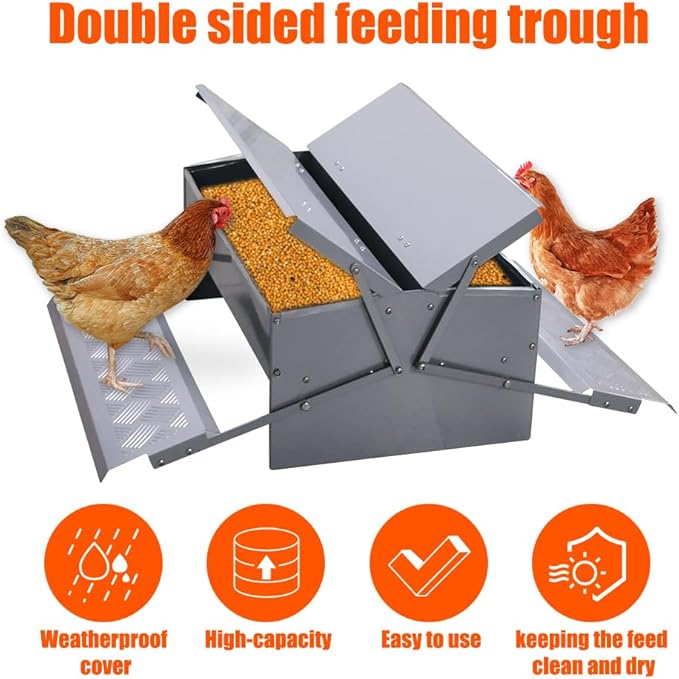 Automatic Chicken Feeder Treadle Feeding Trough, No Waste 25lbs Large Capacity Capacity Double-Side Treadle Auto Poultry Feeder, with Weatherproof Lid for for 6-12 Hens Fowl Duck