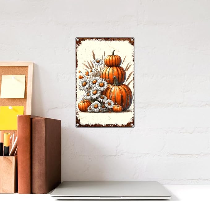Vintage Pumpkin And Daisy Metal Tin Sign Rustic Fall Harvest Wall Art Farmhouse Autumn Decor For Home Kitchen Or Garden 8 x 12 Inch Outdoor Indoor Aluminum
