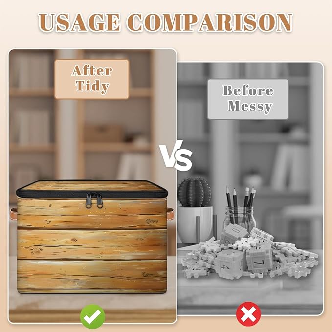 Rustic Texture Wood Storage Bins with Zipper Lid Fabric Storage Containers for Clothes Collapsible Closet Storage Basket with Metal Frame 2 Pack