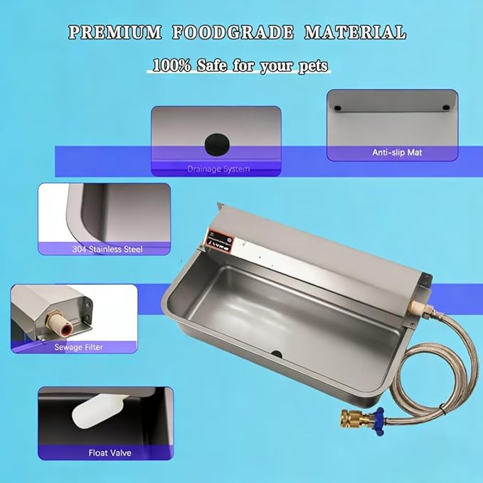 Automatic Dog Water Dispenser with Drain Hole, 304 Stainless Steel Auto Water Dog Bowl with Float Valve, Hose Quick Connect Fitting, Automatic Livestock Waterer for Horse, Chicken (2 Gallon)