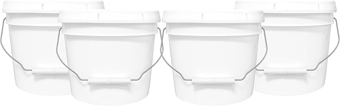 2-Gallon Bucket with Airtight Lid – Made in USA, Food Grade BPA Free Plastic, Heavy Duty Multi-Use, Metal Handle with Grip, Stackable Storage – White, 4 Pack