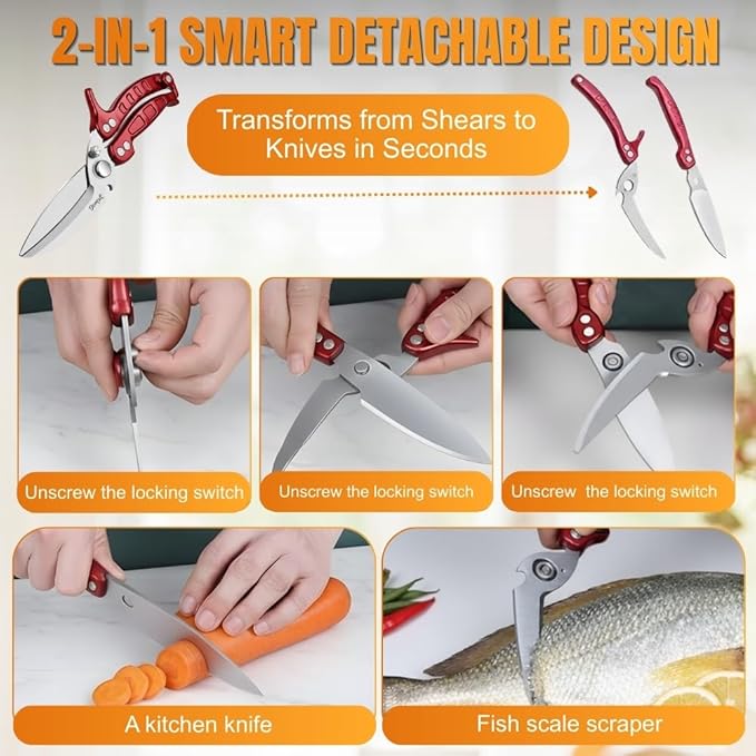 Heavy Duty Poultry Shears - A Must Have chicken processing equipment, Kitchen Scissors for Meat, Chicken, Turkey, and Vegetables - Non-Slip Handle, Safety Lock, Dishwasher Safe