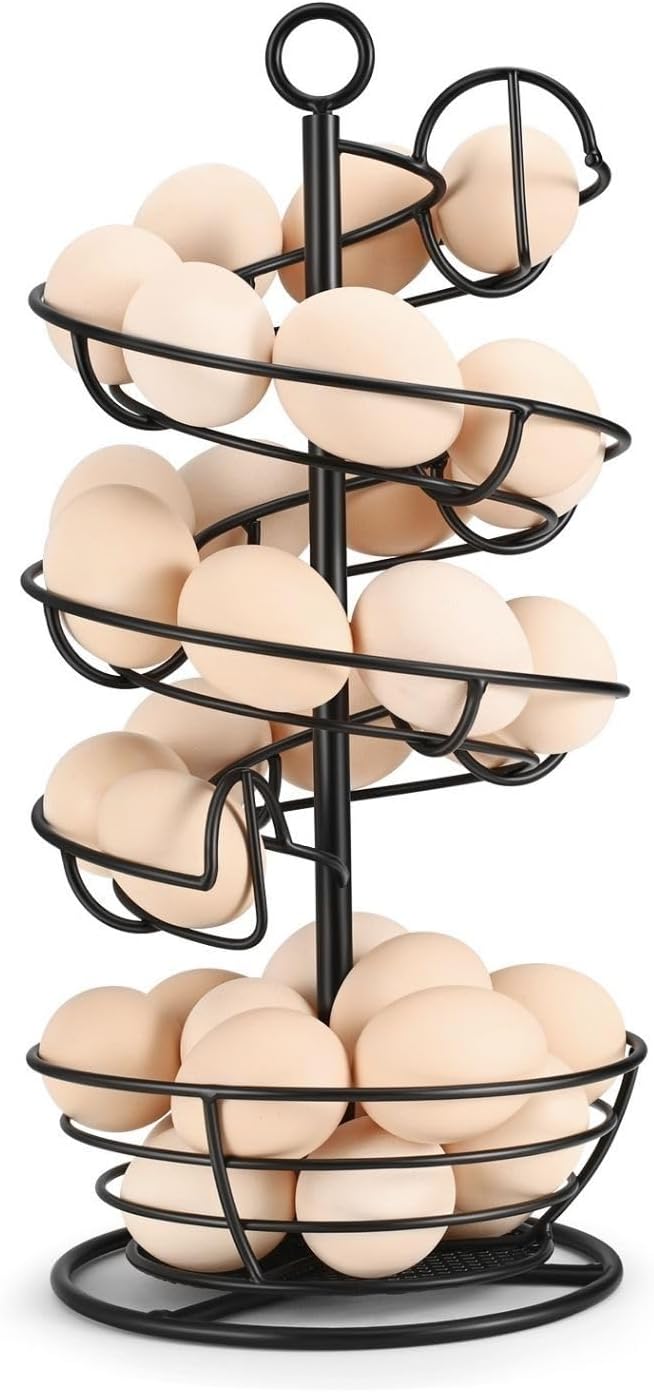 Flexzion Metal Egg Skelter Countertop Egg Holder - Sturdy Black Spiral Egg Holder with Bottom Basket and 360-Degree Rotatable Middle Pole Up to 36-Egg Capacity, Egg Storage Rack Solution