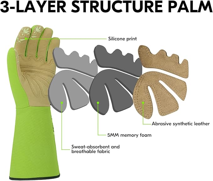 Vgo... 1-Pair Ladies' Synthetic Leather Gardening Gloves, Long Sleeves Gauntlet, Breathable & Grip Work Gloves, High Dexterity, Washable (Size M, Green, SL7445)