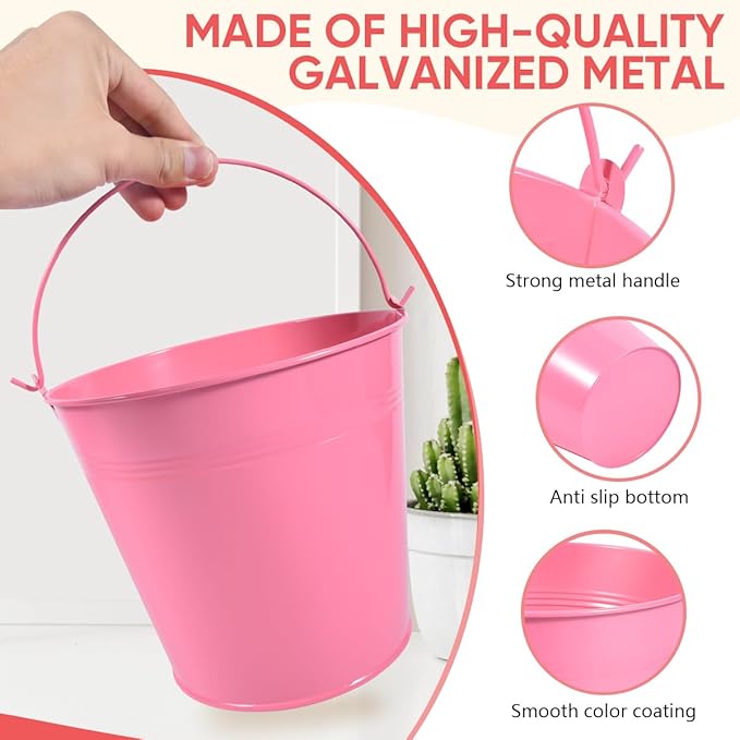 OBTANIM 7 Pack Pink Metal Buckets with Handle Galvanized Ice Pails for Plants, Succulents, Party Favors Organizing, Rustic Home Decor or Classrooms Pencil Storage (7.1 x 5.2 inch)