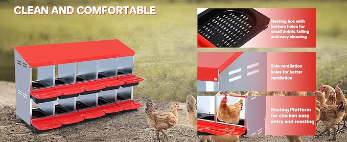 Chicken Nesting Boxes for Chickens, 10 Compartments Metal Roll Away Nest Box for Chicken Coop, Eggs Laying Boxes, 2 Layer for Chicken Coops, Duck Coops and Hens, Red