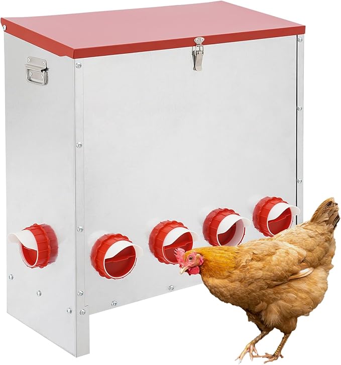 10-Hole Large Capacity Chicken Feeder, 30kg/66lbs Automatic Poultry Feeder with Lid, Galvanized Metal Chicken Feeders and Waterer for Hens, Floor Standing Feeders for Chickens Ducks