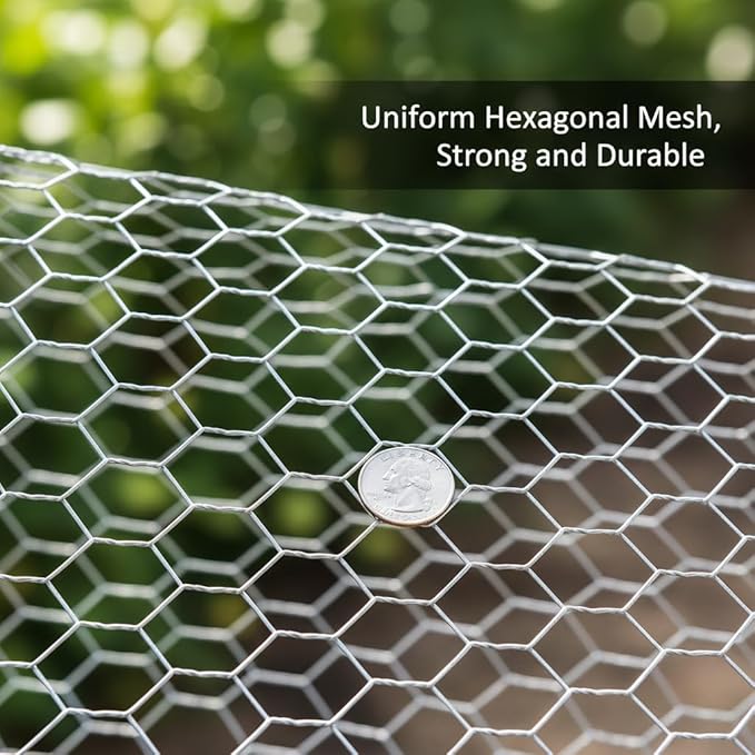 Hexagonal Wire mesh Chicken coop Fence, No. 20 Metal, mesh Size 1.3 inches, hot-dip Galvanized Corrosion-Resistant Steel Wire, Includes Gloves, Wire, and Pliers (Silver, 60inch X 99FT)