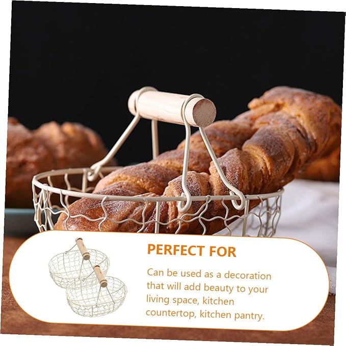 2pcs Vintage Style White Iron Wire Fruit Basket with Wooden Handles, Multi-function Metal Mesh Storage Baskets for Kitchen, Egg and Bread Organizer, Small Harvesting and Serving