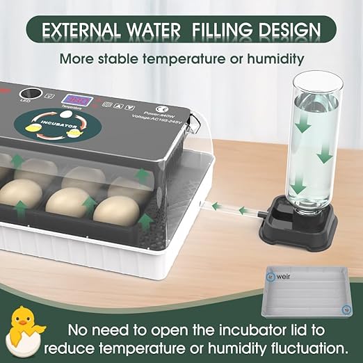 12 Egg Incubator - Automatic Egg Turner, Temperature Control, Built-in Candler, Auto Water Refill for Hatching Chicken, Duck, Quail & Bird Eggs