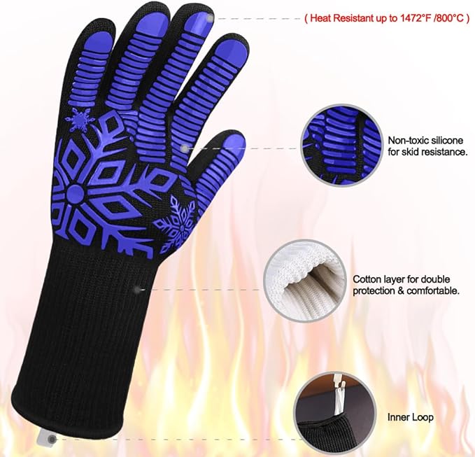 Comsmart BBQ Gloves, Heat Resistant Glove, Silicone Non-Slip Grill Gloves, Fireproof Oven Glove BBQ Grill Accessories for Grilling, Barbecue, Cooking, Baking, Blue