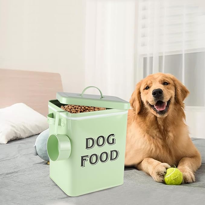 Dog Food Storage Container Farmhouse Pet Food Storage Containers with Lid and Scoop, Perfect Vintage Canister Treats Tin for Kitchen Countertop, Shelf, Great Gift for Pet Owners - Dog Food - Green