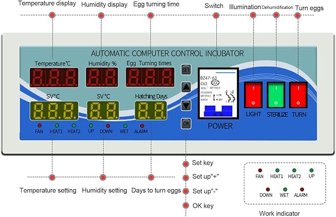 XM-18G Egg Incubator Controller Intelligent Six-Screen Six-Display Temperature Humidity Full Automatic Control for Chicken Goose Duck(0-99℃ 0-99% Rh)(110V)