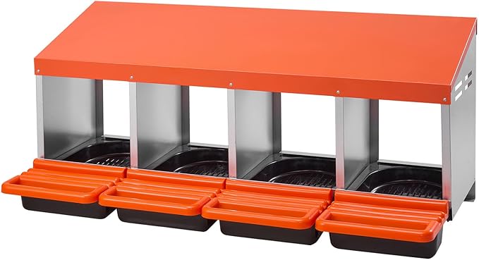 VEVOR Chicken Nesting Boxes, 4 Compartments, Metal Egg Laying Boxes with Protective Collection Lids, Roll Out Nesting Box, Easy to Assemble, Ideal for Hens, Ducks, Chickens, and Other Poultry, Orange