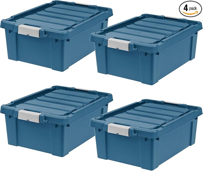 IRIS USA 12 Gallon Eco-Friendly Lockable Storage Bins with Lids, 4 Pack - Made in USA, Heavy Duty, Stackable Containers, Garage Organizing Bins Moving Tubs, Rugged Sturdy Equipment Utility Box - Navy