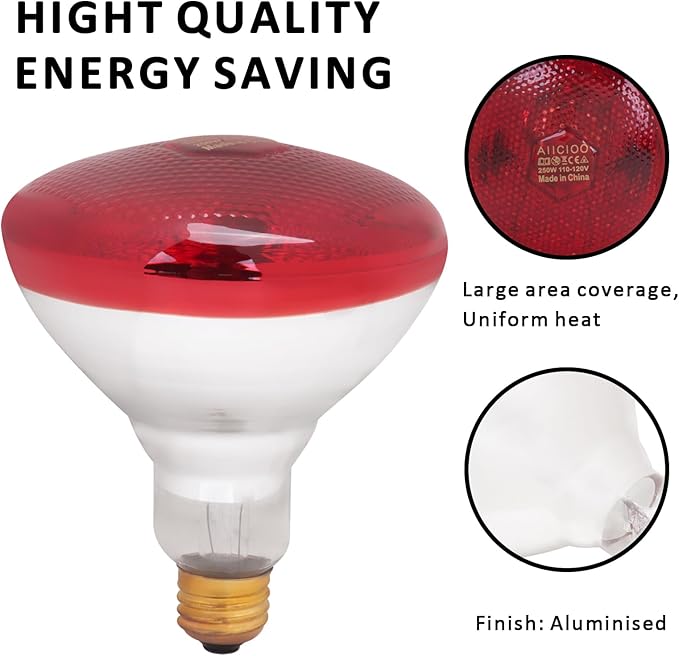 Aiicioo Infrared Heat Lamp Bulb 250W Red Infrared Heat Bulb for Chickens Reptile Heat Light Bulb for Brooder Coop Chicks Pet Reptile Amphibians Par38 Glass E26 Base