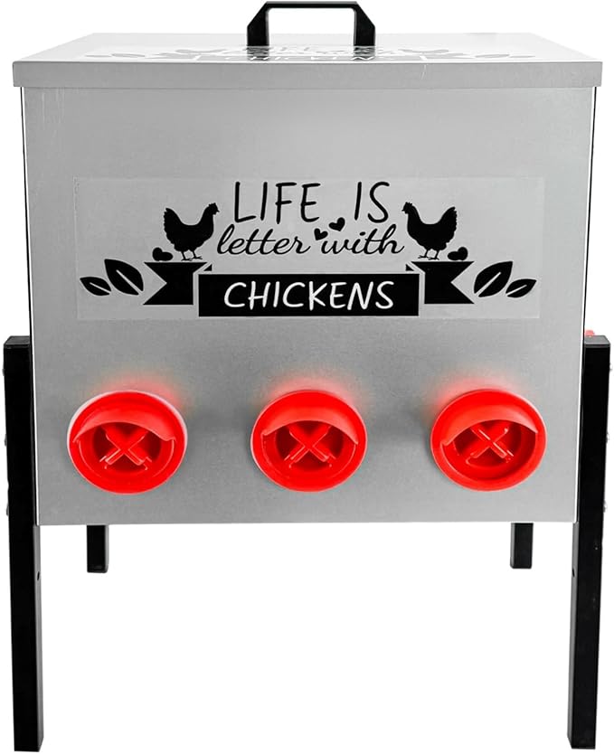 50LB Automatic Chicken Feeder with 8 Ports No Waste Galvanized Metal Poultry Feeder Outdoor Chicken Feeder Box with Adjustable Height Legs and Locking Lid for Chickens Ducks Geese Silver