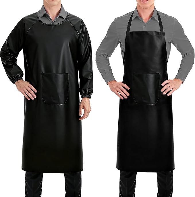 Waterproof Apron Sleeved Apron For Kitchen BBQ & Workshop - 2 Pack Heavy Duty Oil-Resistant With Large Pockets Adjustable Straps for Men & Women Waterproof Aprons for Dishwashing