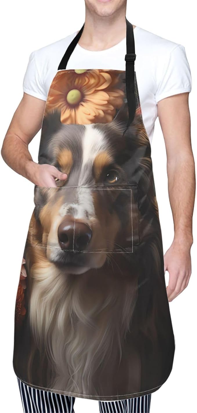 Dogs and Roses Heavy Duty Waterproof Apron with Pockets for AdultsResistant Grilling, Gardening, Painting