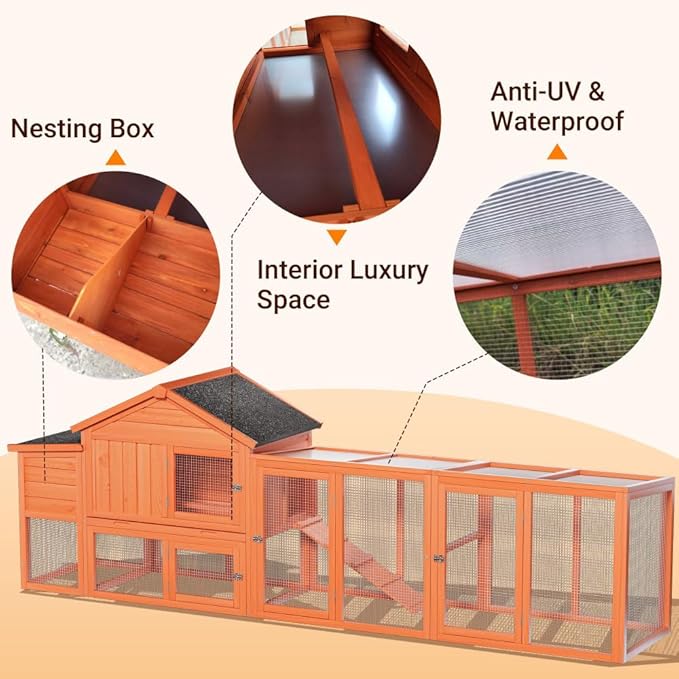 Large Wooden Chicken Coop for Outdoor Use with Run, Waterproof Roof, Anti-UV Protection, Removable Tray, and Nesting Box for 2-4 Hens (Natural + Wood)