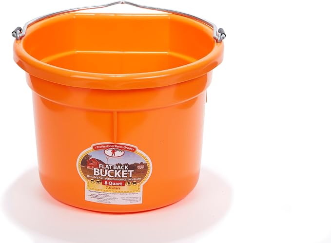 Little Giant® Flat Back Plastic Animal Feed Bucket | Animal Water and Feed Bucket with Metal Handle | 8 Quarts | Orange