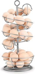 Flexzion Spiral Egg Rack for Fresh Eggs - Sturdy Silver Metal Egg Skelter Countertop Egg Holder with Bottom Basket and 360-Degree Rotatable Middle Pole Up to 36-Egg Capacity, Egg Storage Rack Solution