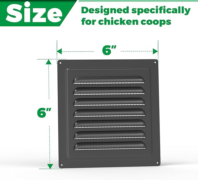 Forestchill Air Vent Louver for Chicken Coop, 6" x 6" Air Vent Grille with Built in Screen Mesh, Louvered Exhaust Grille for Chicken Coops Ventilation, Black