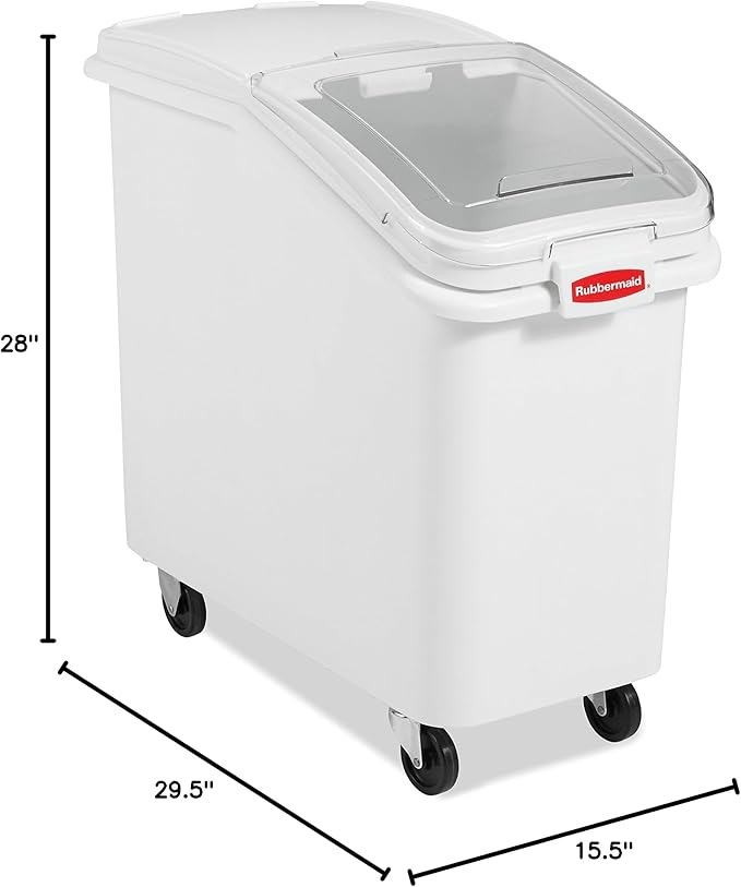 Rubbermaid Commercial Products ProSave Shelf-Storage Ingredient Bin With Scoop 500-Cup capacity Plastic White Sliding Lid Container with Wheels for Kitchen/Restaurant Food Organization