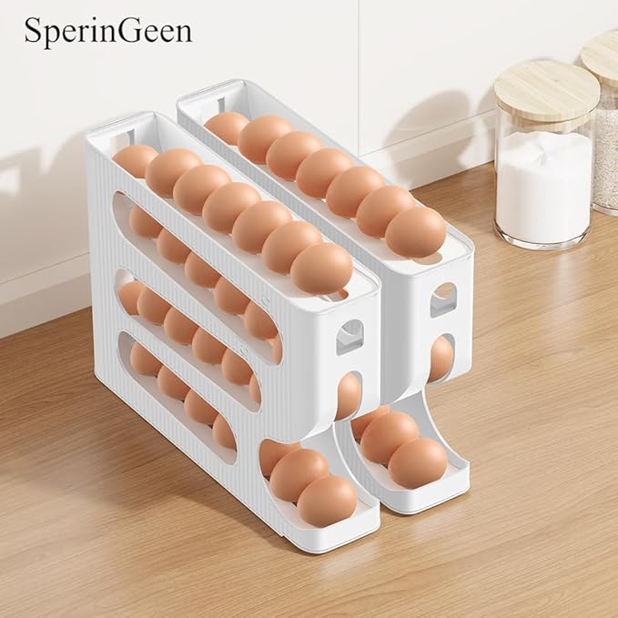Automatic Rolling Down Egg Holder, SperinGeen 2 Pack Egg Organizer Storage for Refrigerator, Space Saving Container, Dispenser for Fridge - Only for "LARGE" Sized Eggs (Egg Roller Hold 56 Count)