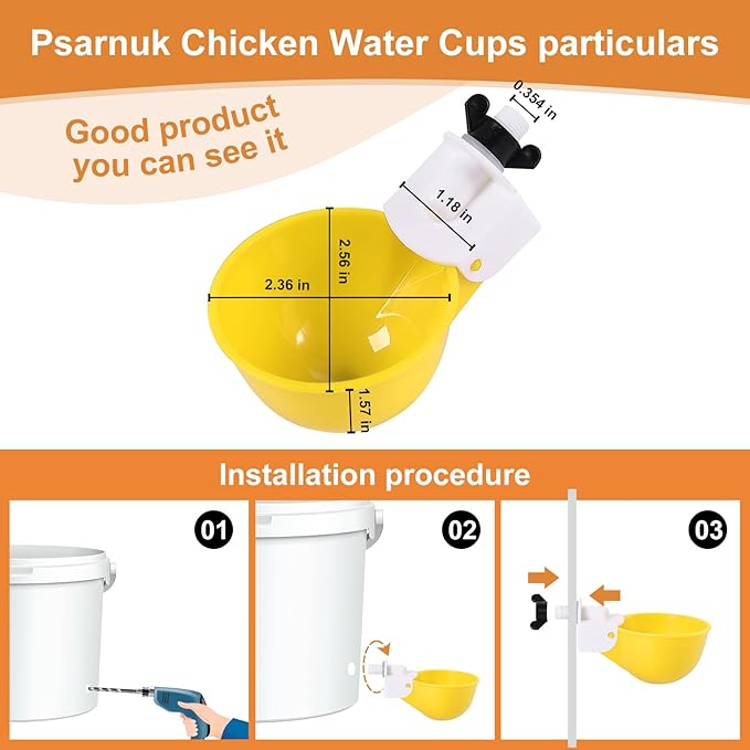 Chicken Waterer Cups (16 Pack/Yellow) - DIY Automatic Large Chicken Water Feeder for Ducks Quail and Various Poultry Dispenser with Matching Drill, Double Rubber Ring, Not Leaking Wate