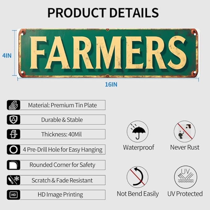 Decorative Tin Signs for Farm VibeFarmers s 16 * 4 Inches - Fits Backyard, Garden, Living Room - Vintage Garden Decor, Outdoor Signs, Unique Wall Decor
